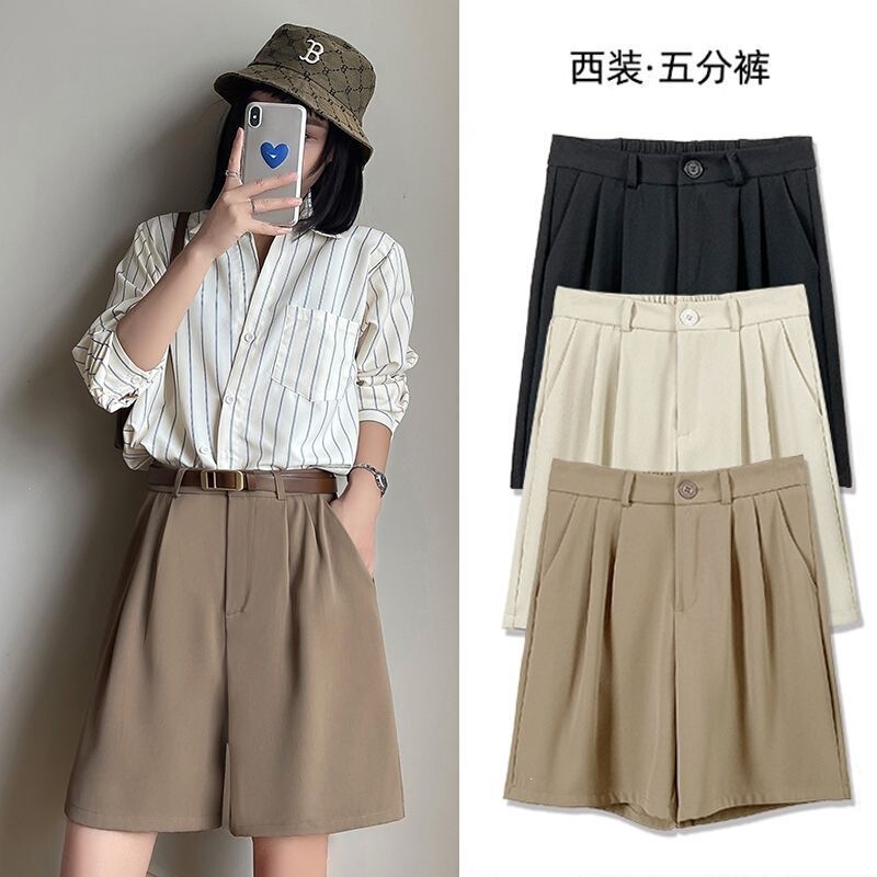 Women's Summer Thin Suit Shorts for Petite Figures, High-Waisted, Slimming A-Line Mid-Length Casual Wide-Leg Pants