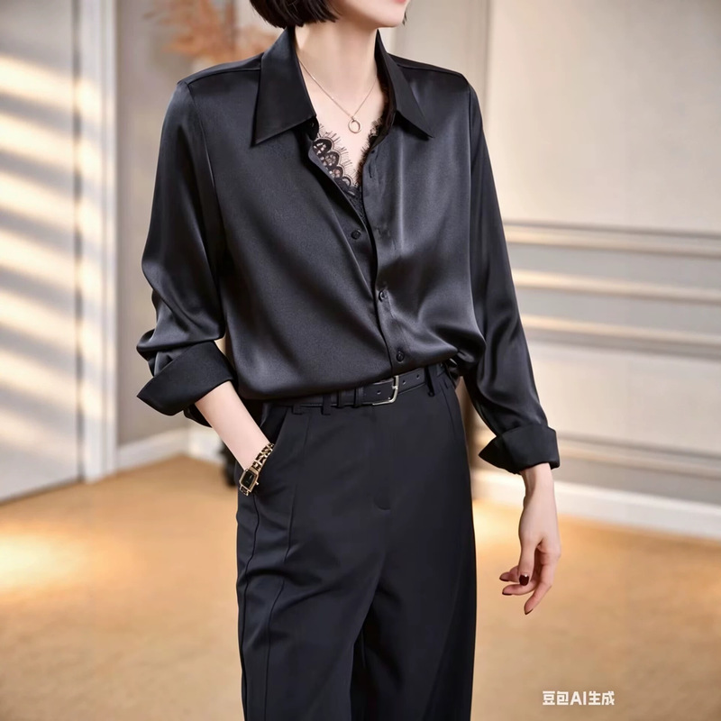 French-style elegant lace POLO collar women's faux two-piece shirt, stylish and professional for commuting, new gold-tone shirt