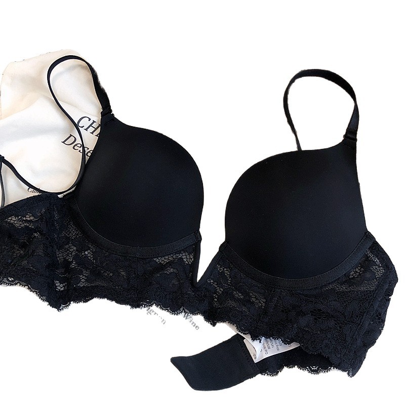 Europa y América nueva ropa interior de encaje sexy de las mujeres delgada espalda pequeño pecho empuja hacia arriba el sujetador grande del pecho pequeño anillo de acero suave sujetador