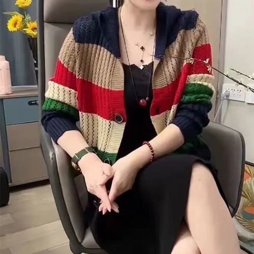 Fashion Striped Hooded Knit Cardigan for Women Spring and Autumn Slim Fit Layered Casual Loose Long Sleeve Sweatshirt