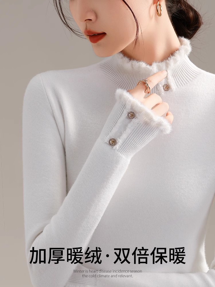 Suéter negro de otoño y invierno de mujer con camisa de fondo de cuello de media altura gruesa 2024 nuevo suéter de terciopelo suave y calentador