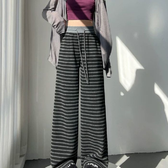 クロスボーダー卸売レトロアイスシルクストライプカジュアルパンツワイドレッグパンツ女性の春夏の新しいハイウエスト巾着ルーズストレートパンツ|undefined