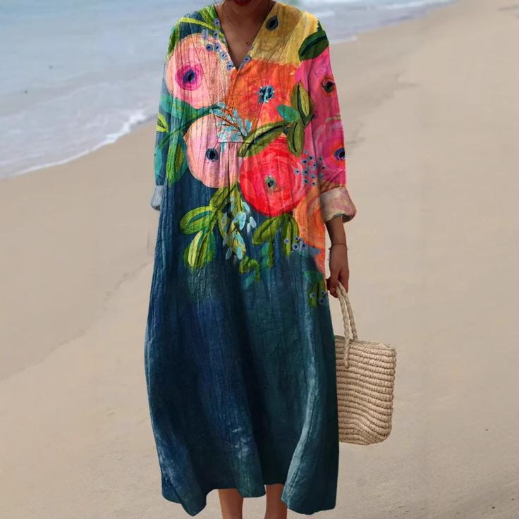 Cross-Border Independent Station Amazon Long-Sleeved Shirt Dress Women's Casual Floral 3D Printed Sleeve Long Skirt E023