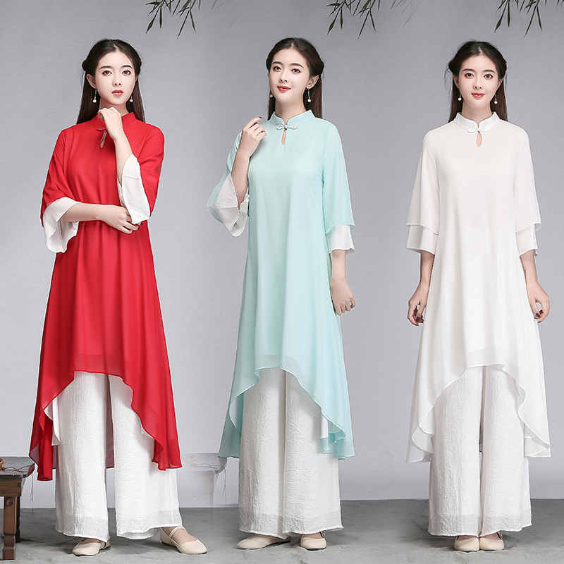 8910#实拍2020民族风雪纺中袖立领假单独连衣裙大码女装