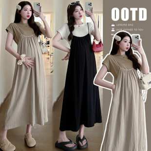 Maternity Summer New Cotton Base T-shirt Top Loose Sling dress Korean Style Fashionable Mom Casual suit