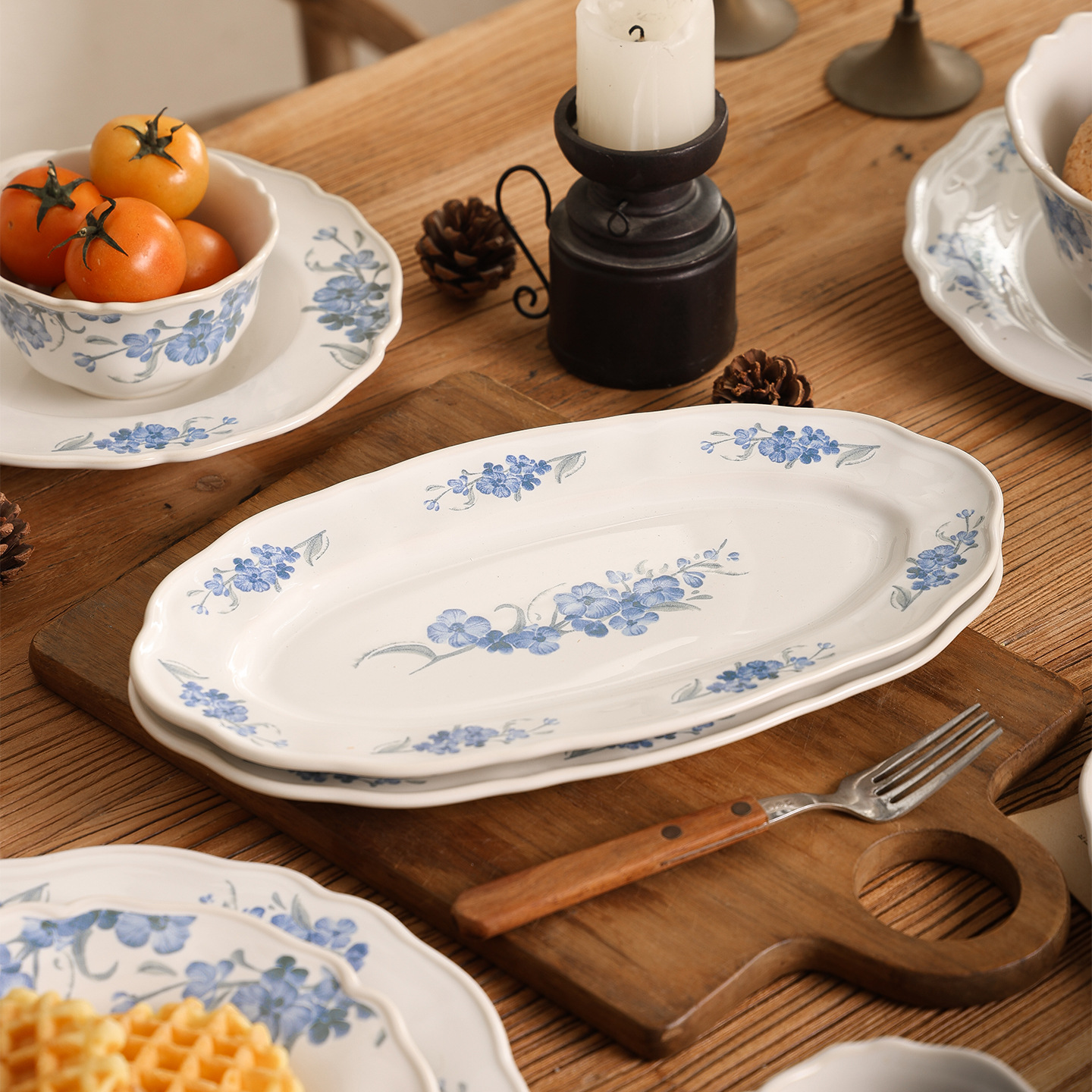 Shang 'en flores retro plato de cerámica de té azul de montaña casero plato de comedor de alto valor plato de té de la tarde esmaltado plato de postre colorido