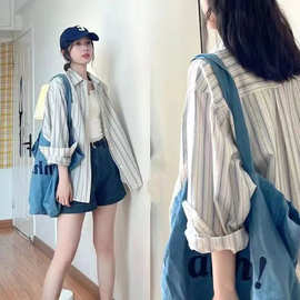 跨境纯棉2024秋季新款条纹衬衫外套女设计感小众厚款衬衣厂家直销