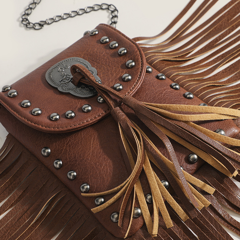 Trendy Fashion European & American Women's Studded Tassel Mini Phone Bag Casual Soft Leather Sweet Cool Biker Style Chain Crossbody Bag - Thumbnail 3
