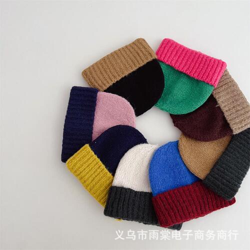 Korean children's knitted hat, personalized color-blocked brimless beanie for autumn and winter, unisex for kids and babies, travel warm knitted hat