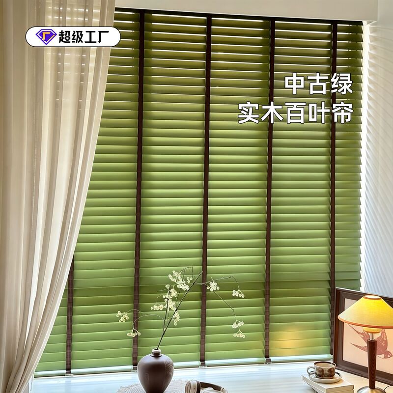 Solid Wood Blinds in Antique Style, Dark Green, Blackout, for Bedroom, Living Room, Balcony, Wooden Blinds, Sunshade, Adjustable Roller Blinds, Curtains