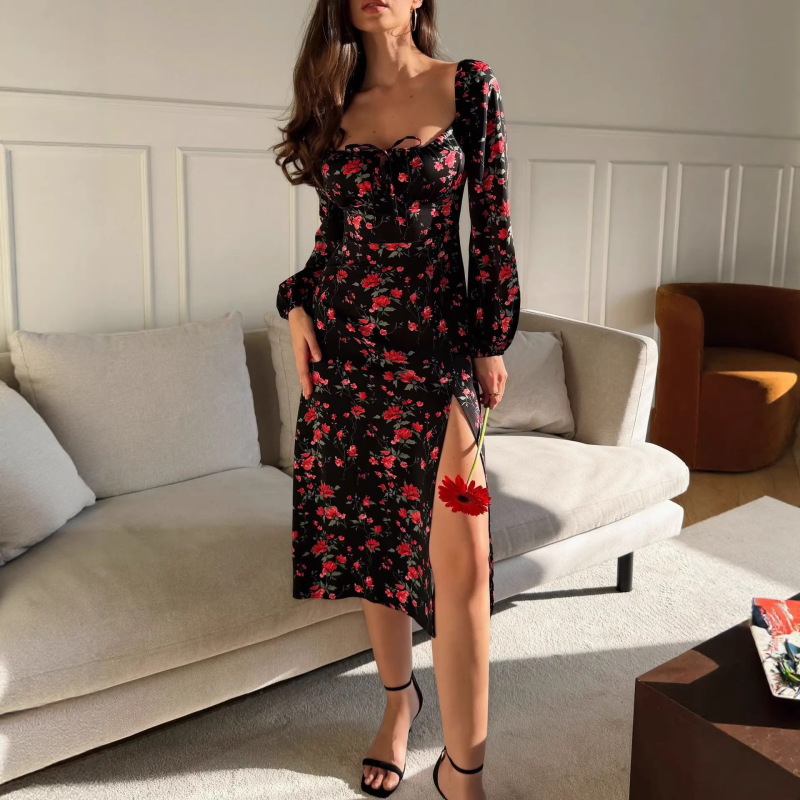 2026 Cross-Border Spring and Autumn New Amazon Aliexpress European and American Style Printed Long-Sleeve Backless Floral Dress 2026 Cross-Border Spring and Autumn New Amazon Aliexpress European and American Style Printed Long-Sleeve Backless Floral Dress