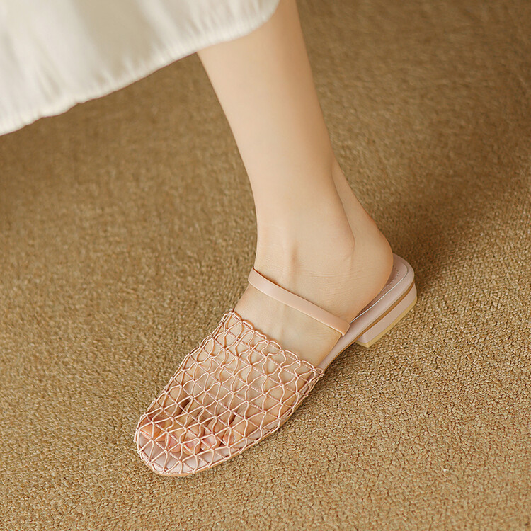 French-Style Round-Toe Hollow Woven Mule Sandals for Women, Summer Fishnet Perforated Low-Heel Slip-On Mules