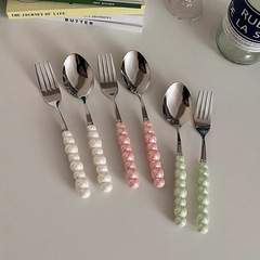 乙女心真珠セラミック柄ステンレス食器セット高颜値スプーンフォーク学生食器3点セット