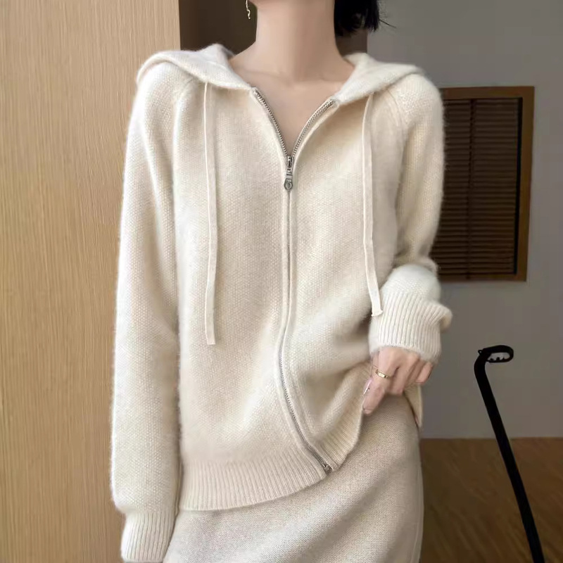 New Autumn and Winter Hooded Full Wool Sweater Versatile Knitted Cardigan Women's Zipper Pure Color Loose Hoodie Sweater Jacket