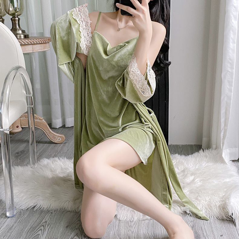 ベルベットのパジャマの女性秋冬のセクシーなレースのストラップのパジャマの家の服の純粋な欲風の大きいサイズの家の服|undefined