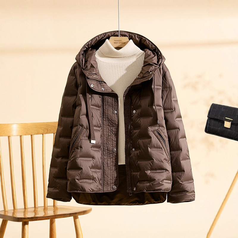 2025 New Winter down Jacket Women's Short Hooded Thickeneded Rubberized Lightweight White Duck down Large Size Slim Jacket