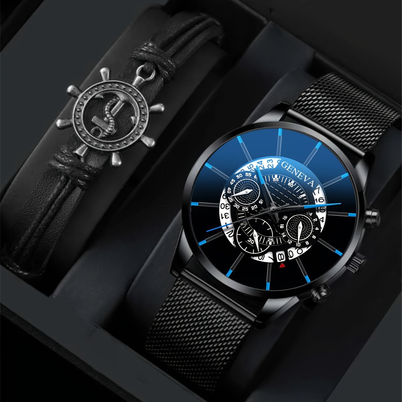 Orologio da uomo popolare di vendita calda con cinturino in maglia con calendario, orologio da polso al quarzo a tre occhi, elegante e di alta qualità_voghion.com