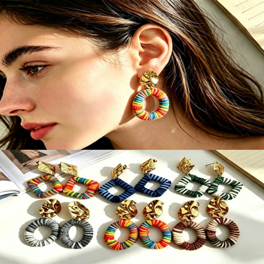 New European and American cross-border stainless steel twisted wire earrings, original vintage high-end elegant colorful woven wooden hoop earrings for women