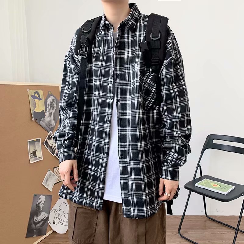潮牌春秋长袖格子衬衫男士日系宽松慵懒风韩版潮流痞帅青少年衬衣
