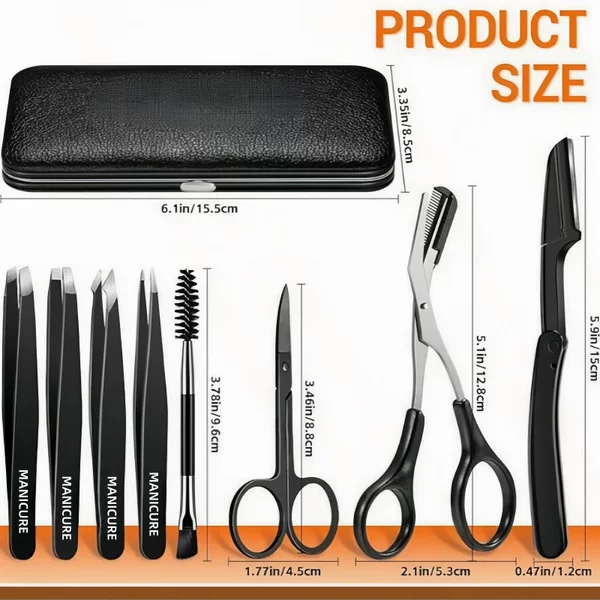 High-Quality Eyebrow Grooming Set, Eight-Piece Set, Eyebrow Tweezers, Eyebrow Razor, Eyebrow Brush, Eyebrow Scissors, Travel Set, Portable and Lightweight