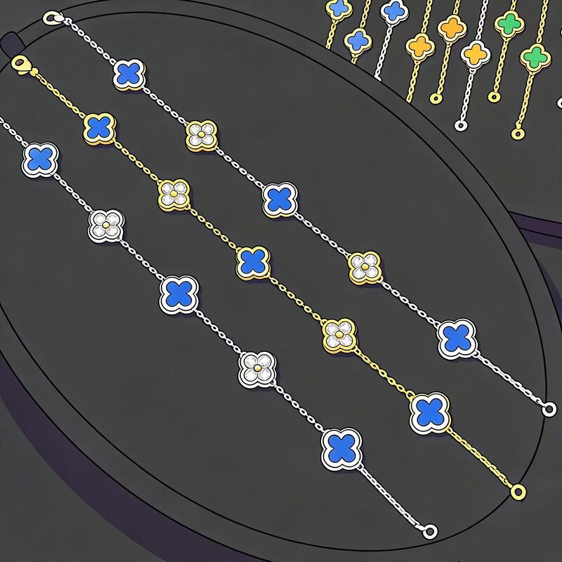 Fanjia High-End Plated 18K Rose Gold Mini Five-Flower Black and Red Agate White Mother-Of-Pearl Five-Flower Four-Leaf Clover Bracelet Small Size