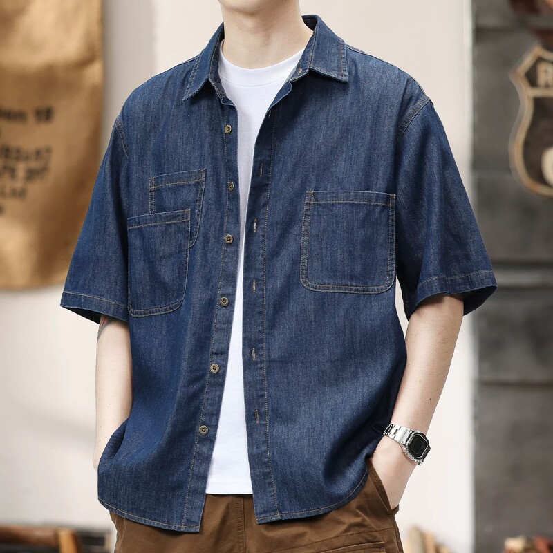 Summer Light Luxury Retro Denim Short-Sleeved Shirt for Men, Fashionable Trendy Brand, Versatile, Artistic, Casual, Loose-Fitting Shirt for Men