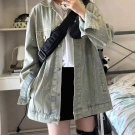 高街美式复古水洗做旧镶钻牛仔外套女春秋宽松高级感重工夹克上衣