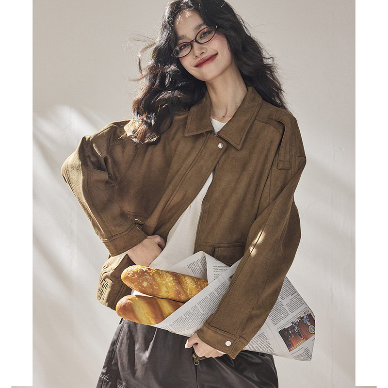 【Shengdu】26 New Korean-Style Retro Versatile Biker Girl Style Loose Suede Flight Jacket Coat Top