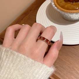 复古红色滴釉四叶草戒指女2025年新款潮轻奢高级感食指戒开口指环