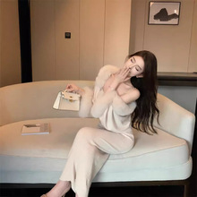 RHGD实拍 秋冬氛围感毛毛拼接披肩针织衫外套链条吊带长裙两件套