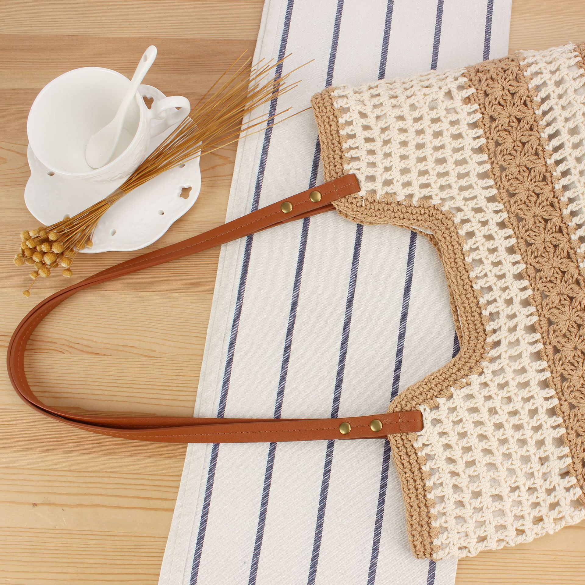 Openwork Woven Zip Double Strap Shoulder Bag 2