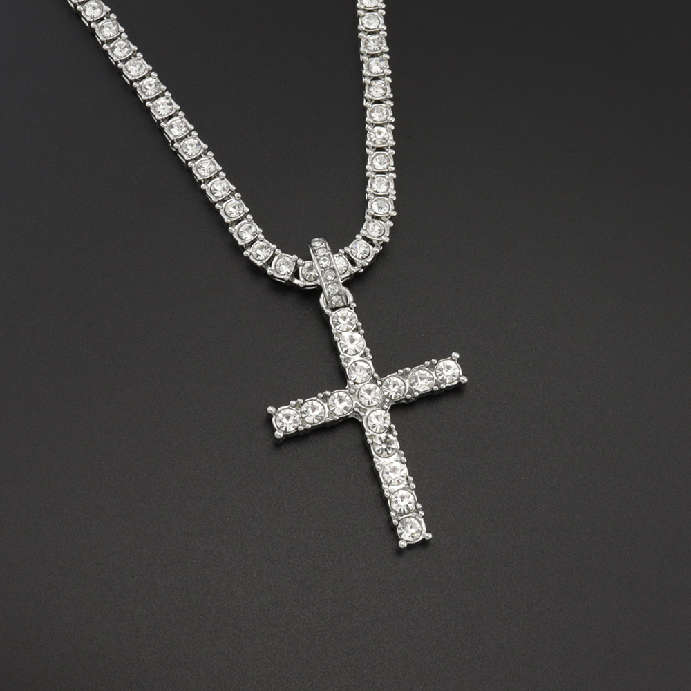10g Weight Alloy Pendant Material Rhinestones Inlay Material Pendant Necklace Classification Alloy Chain Material Tennis Chain Chain Type Street Occasion Alloy Material Cross Pattern Unisex Gender Retro, Punk Style Ornament Simple  Style Full Diamond Single Row Diamond Tennis Chain Men's And Women's Big Cross Pendant Necklace 5