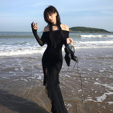 法式气质黑色网纱长袖一字肩连衣裙海边度假辣妹性感透视开叉长裙