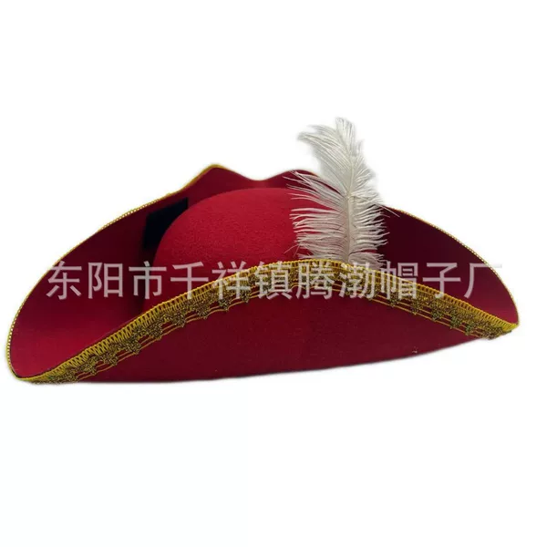 Golden Lace Ostrich Feather Velcro Triangle Hat Halloween Dance Carnival Party Felt Pirates of the Caribbean Hat