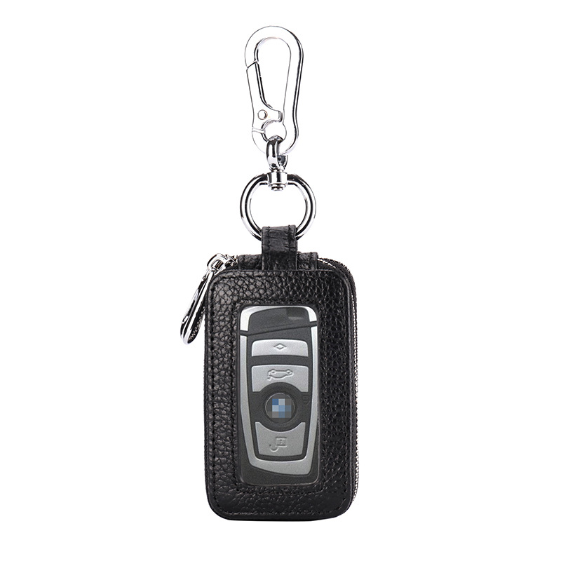 Primera capa de piel de vaca clave caso de doble capa patrón de Litchi clave caso cuero genuino llavero de gran capacidad unisex clave caso