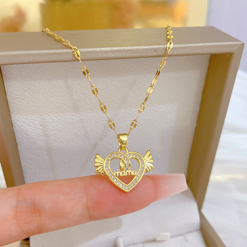 Fashion Heart Shape Wings Stainless Steel Copper Inlay Zircon Pendant Necklace 1 Piece