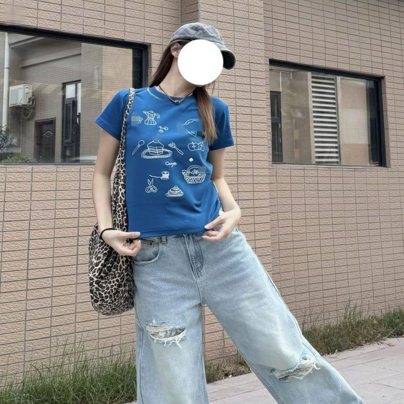 アメリカンレトロなヘビーウェイト刺繍白半袖Tシャツレディース夏デザイン楽しいスリムラウンドネックショルダートップ|undefined