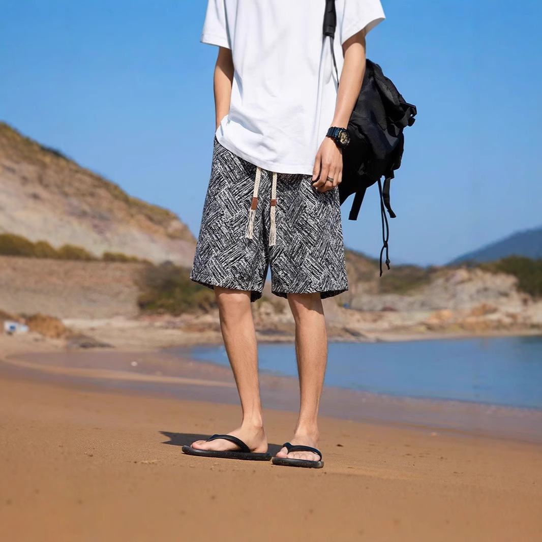 Unisex Summer Beach Shorts Textured Straight Leg Quick Drying Casual Mid Length Loose Fit For Home Or Sports_viptrois.com