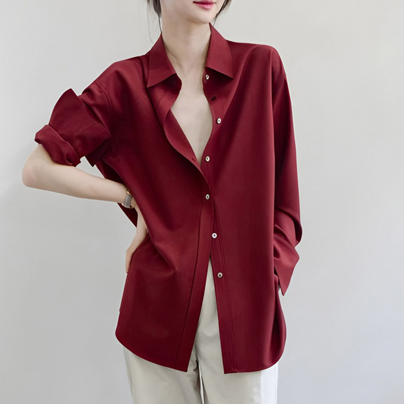 Matte Wrinkle-Resistant Acetate Satin Shirt for Women, Long-Sleeved, High-End, Rouge Red, Loose Fit, Flattering, Drapey, Lazy Style Top Matte Wrinkle-Resistant Acetate Satin Shirt for Women, Long-Sleeved, High-End, Rouge Red, Loose Fit, Flattering, Drapey, Lazy Style Top