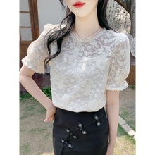 2024夏设计感时尚韩版新款灯笼袖蕾丝衬衫女法式短袖上衣女