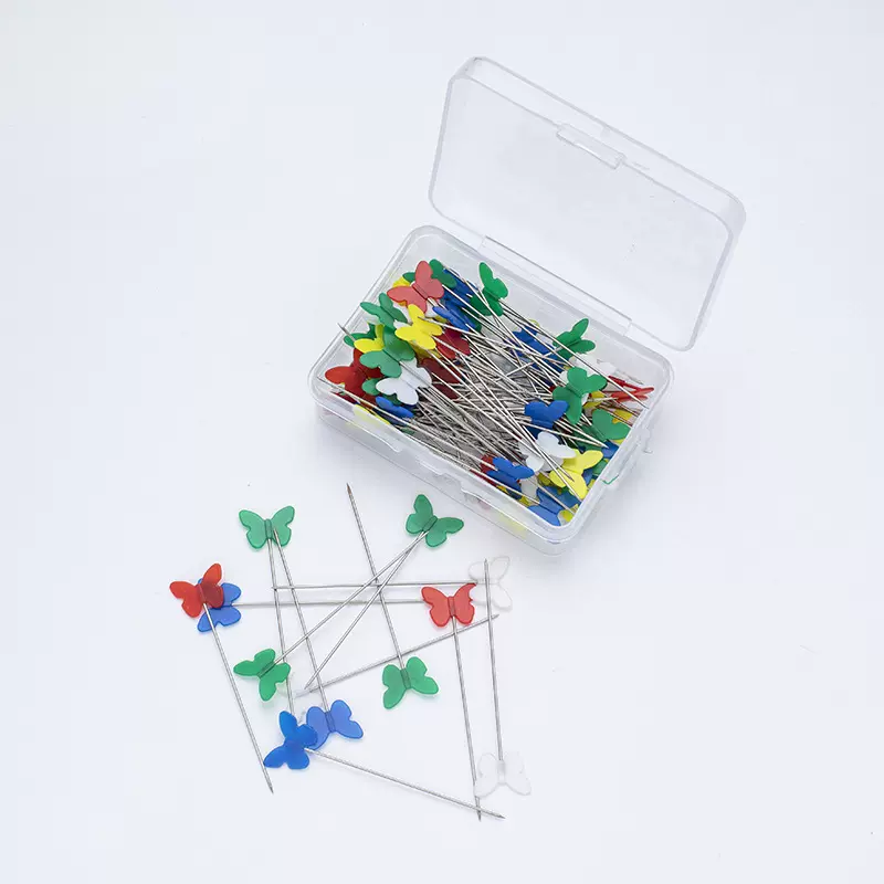 厂家彩色蝴蝶头纽扣头大头针盒装手工缝纫固定梅花针爱心针花头针