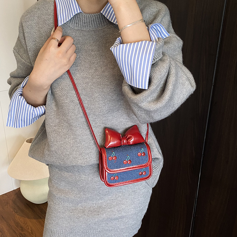 Bolsa de hombro coreana para niños y niñas, arco dulce, mini mochila para bebés, lindos pequeños accesorios para niños de cereza
