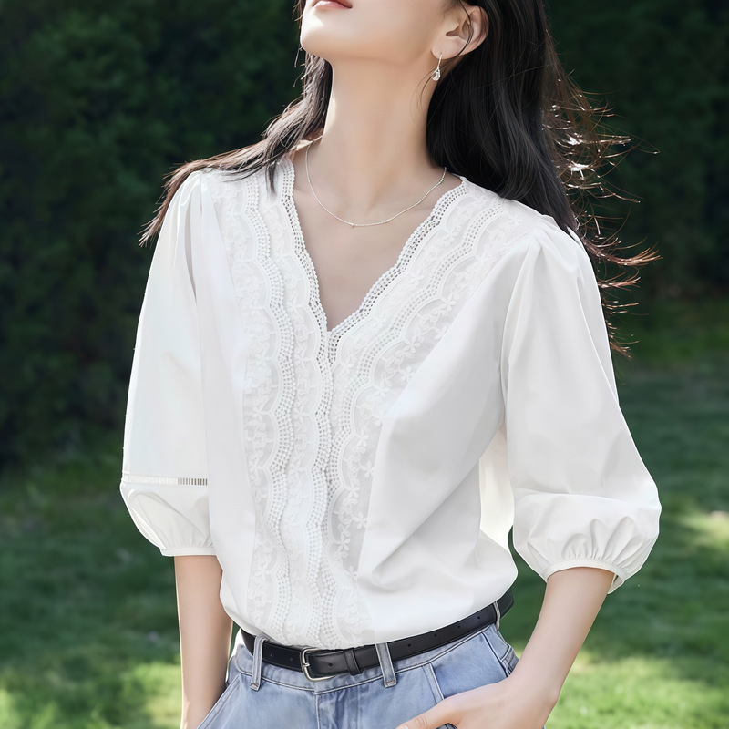 French Cut-Out Lace V-Neck White Shirt for Women 2026 Summer New Style Elegant and Chic Puff Sleeve Top