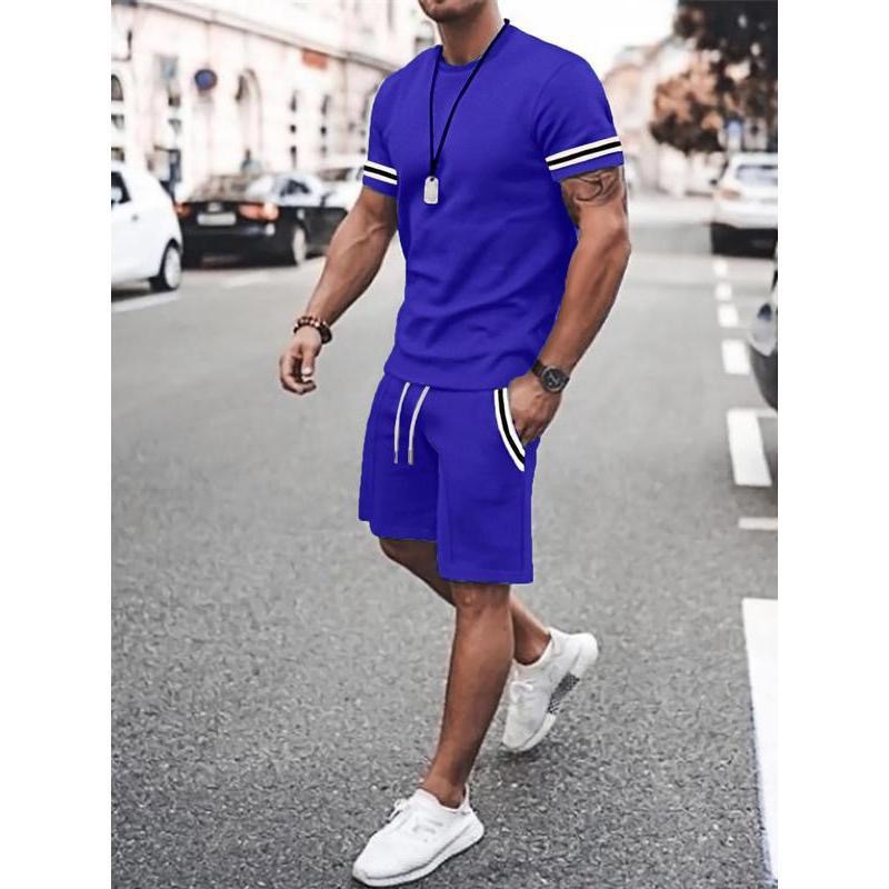Comercio exterior europeo y americano verano nuevo estilo moda hombre simple impresión 3D a juego de color camiseta de manga corta traje de 2 piezas para hombre al por mayor