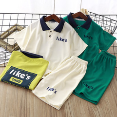 Summer children's new waffle short-sleeved POLO shirt suit for boys and girls Korean casual suit children's clothing wholesale