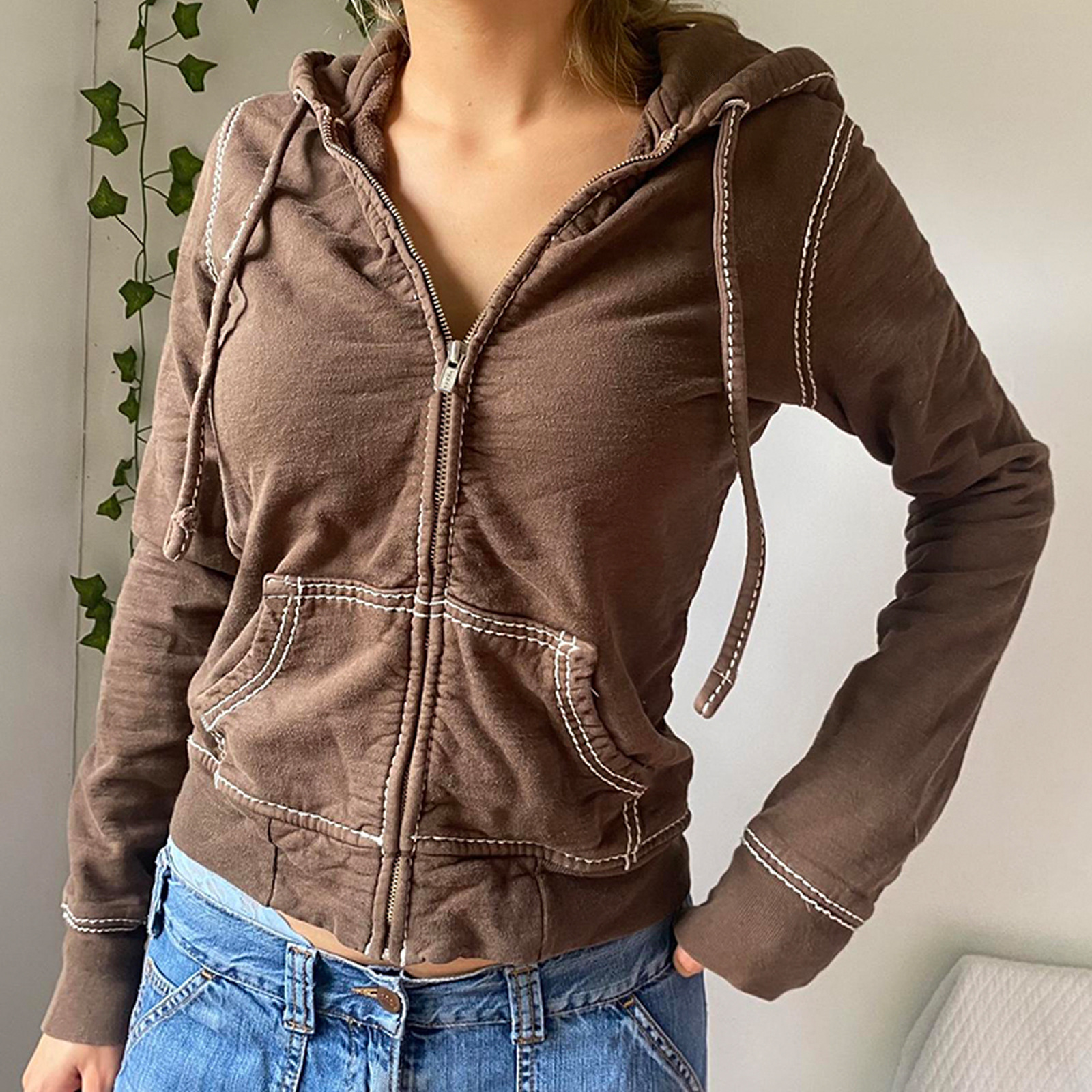 Abrigo de suéter con capucha de las mujeres europeas y Americanas Otoño e Invierno Nuevos deportes casual cardigan cremallera casual corto Top SU3079