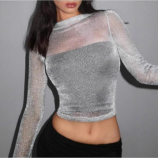 Cross-Border Amazon New European and American Mesh Lace Top See-Through Cut Out Long-Sleeved Slim Waist Round Neck Short t Cross-Border Amazon New European and American Mesh Lace Top See-Through Cut Out Long-Sleeved Slim Waist Round Neck Short t