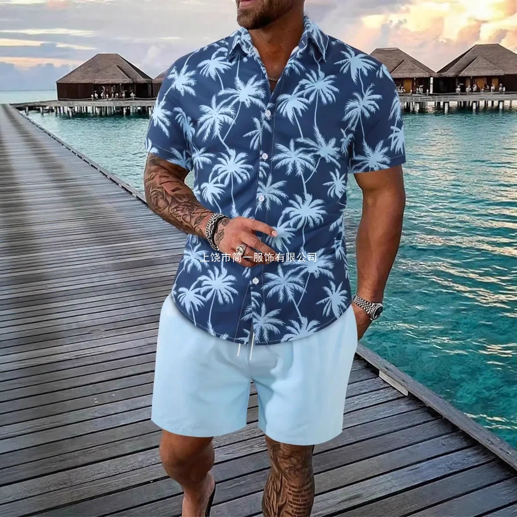 Comercio exterior transfronterizo retro camisa de botón de verano set de pantalones cortos 3D impresión casual vacaciones cardigan hombre set de dos piezas