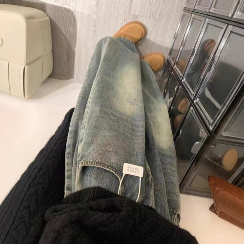 Design-inspired relaxed wide-leg jeans for women, summer American retro washed high-waisted slimming drag-down floor-length pants