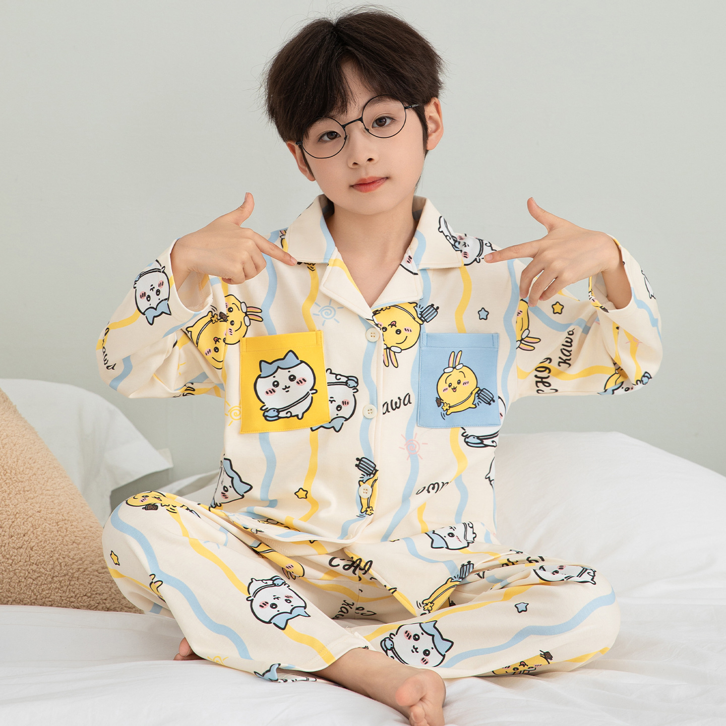 100% Cotton Boys' Pajamas, Teenagers and Kidsren's Long-Sleeved Spring and Autum Boys' Middle and Large Kidsren's Home Clothes for Junior High School Students
